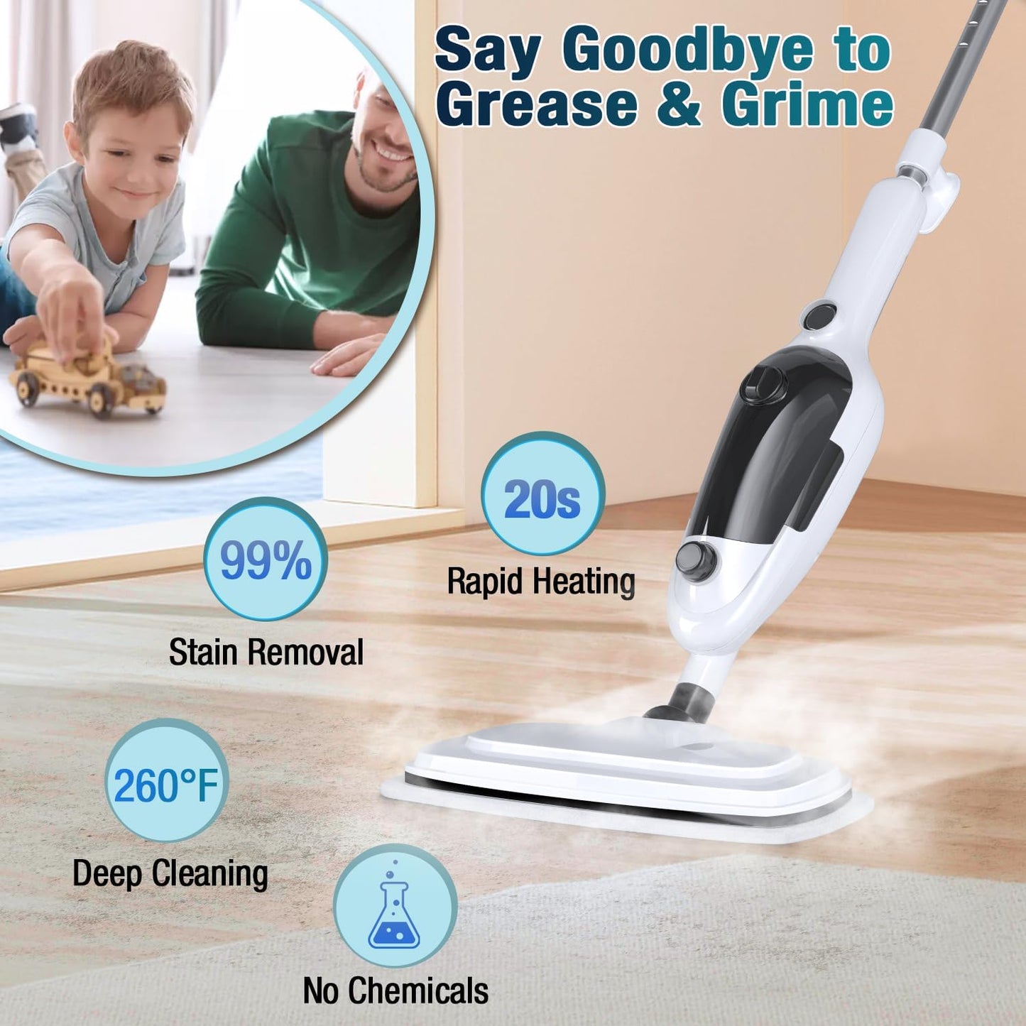 Skiennix Steam Mop - 11-in-1 Multi-Purpose Cleaner with 15.2 OZ Tank & 23FT Cord | Ideal for Hardwood, Tile & Furniture