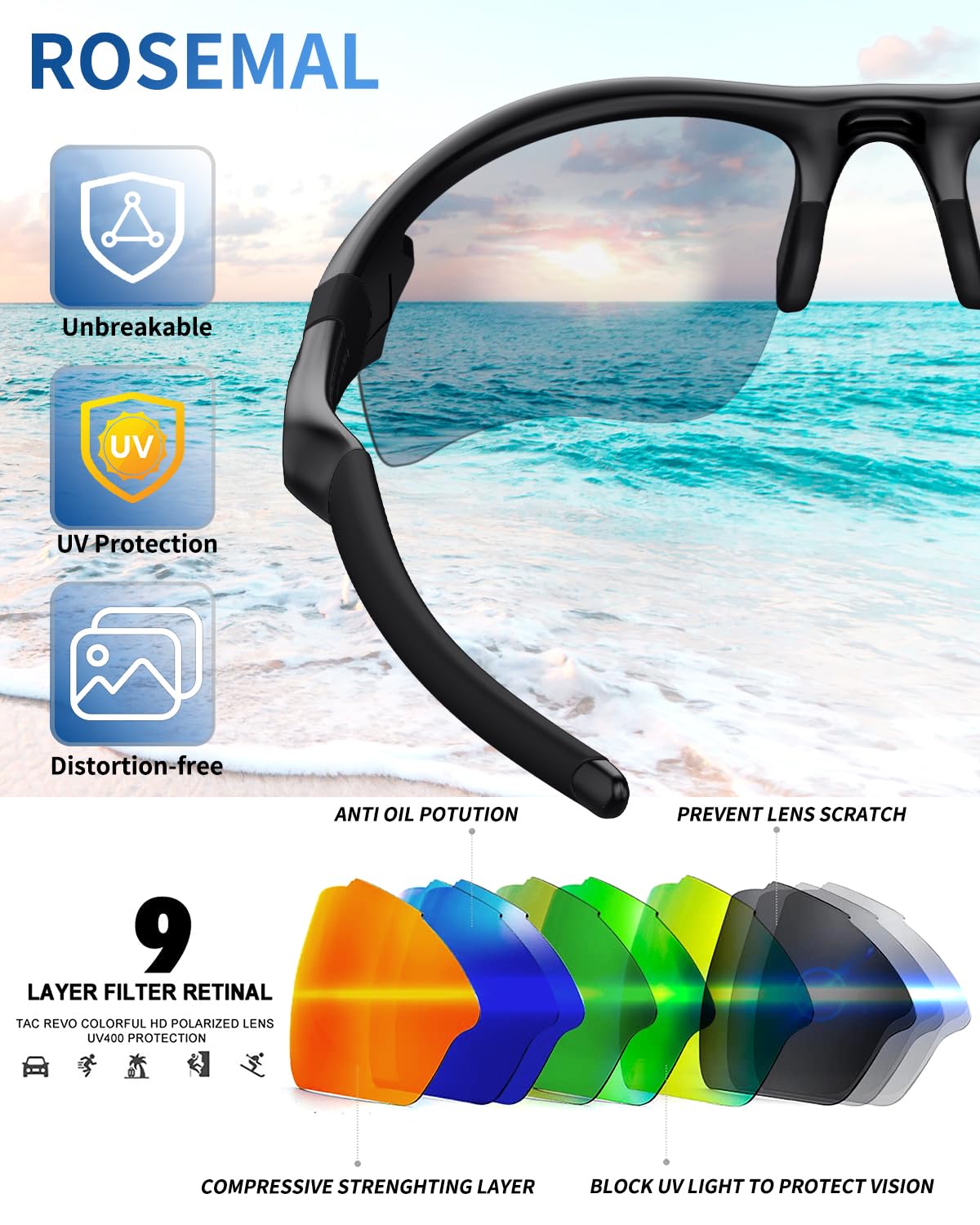 Rosemal Polarized Sunglasses for Men Women Running Sunglasses Sports Cycling Driving Fishing Baseball Golf TAC UV400 TR90