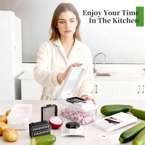 14-In-1 Vegetable Chopper by [Brand Name] - Versatile Cutter with 7 Blades, Container & Lid | Perfect for Salads & Cheese Grating