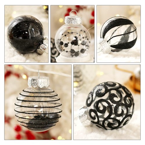 BSTCRAFT 60MM/2.36 Christmas Ornaments Set, 30pcs Clear Christmas Ornaments Black Shatterproof Decorative Baubles for Xmas Tree