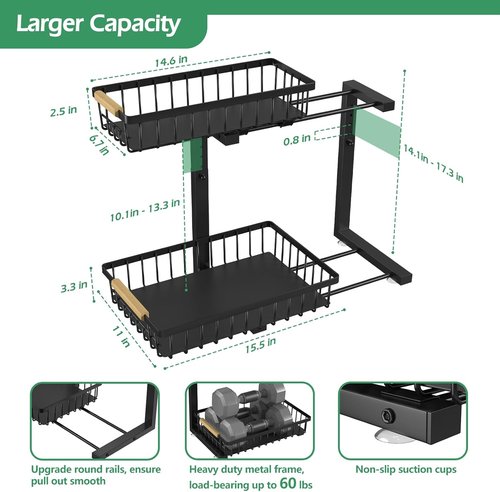 ADRIMER Under Sink Organizer - 2 Tier Pull-Out Kitchen & Bathroom Storage Shelf | Black, Set of 2