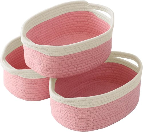JMvicyroam Woven Basket - Small Rope Storage Bin with Handles | Organizer for Shelves & Closets - White & Pink (3 Pack)