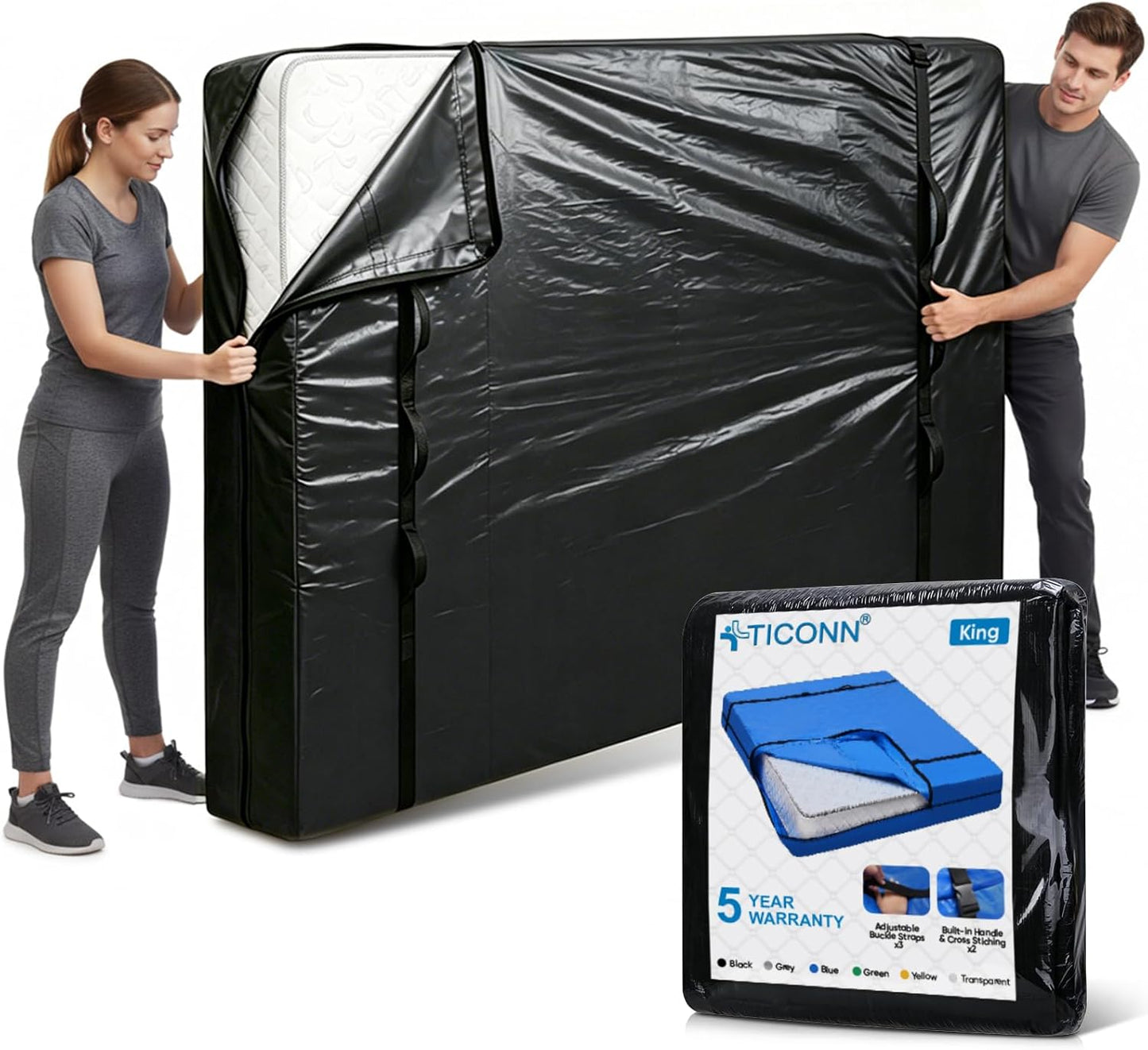TICONN Heavy Duty King Mattress Bag - Full-Around Handle & Adjustable Buckles | Black Storage Cover