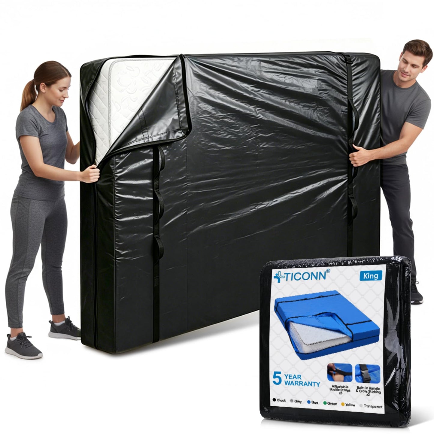 TICONN Mattress Bags for Moving, Heavy Duty King Mattress Cover Storage Bag with Full-Around Handle and Adjustable Buckles (Black, King)