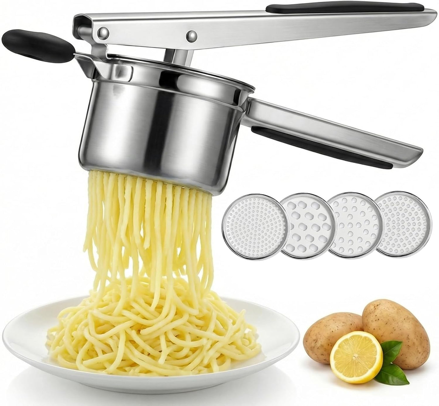Skiennix 15oz Potato Ricer - Heavy Duty Stainless Steel with 4 Interchangeable Discs & Ergonomic Handle