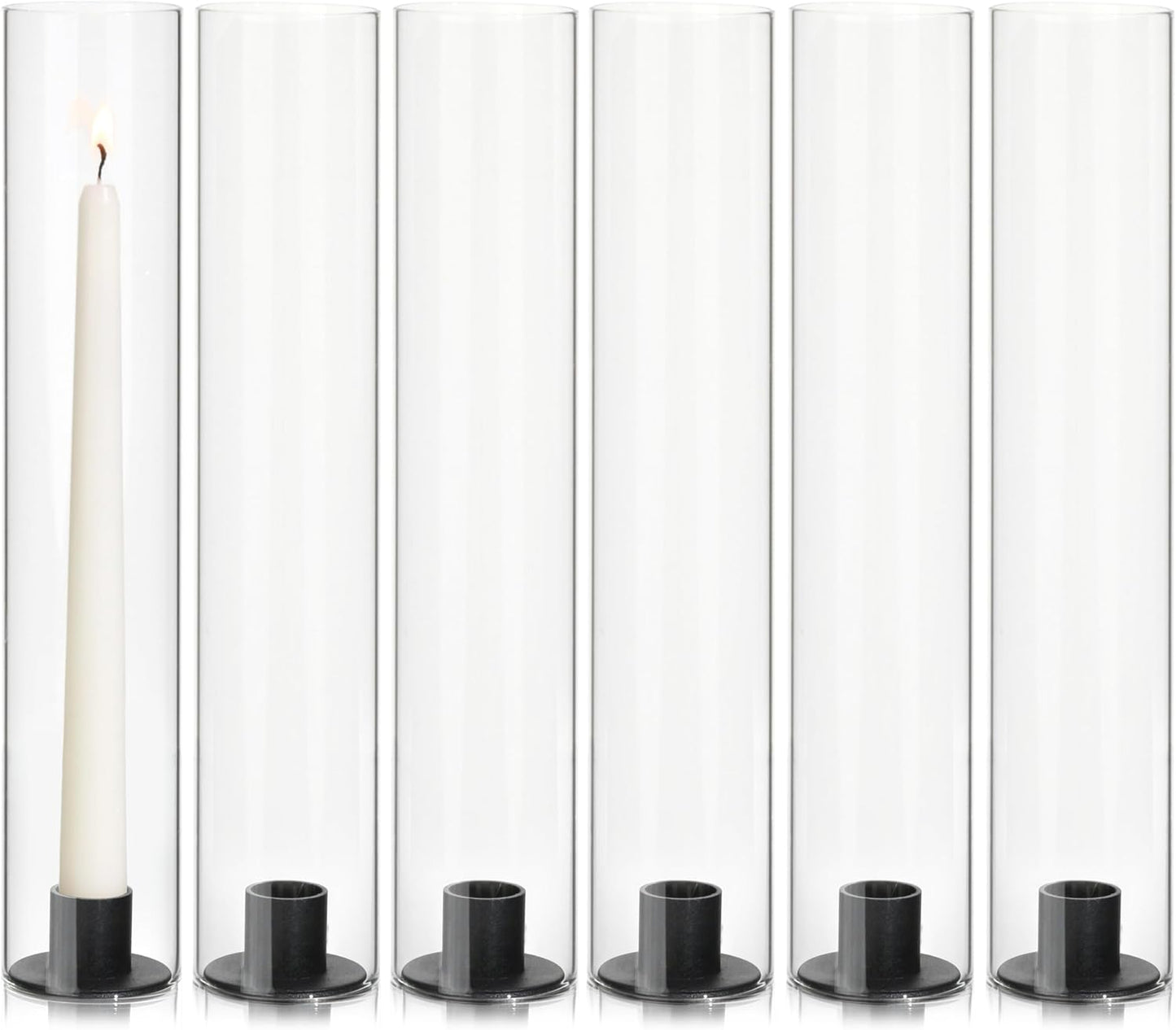 Vixdonos Glass Hurricane Candle Holders - Modern Taper Candlestick Set of 6 | 11.8-Inch Tall for Weddings & Parties