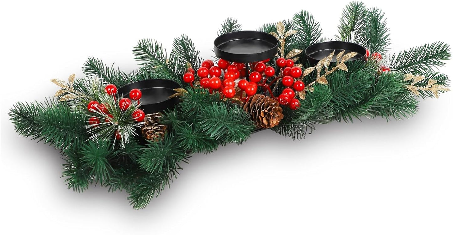 MorTime Christmas Centerpiece - 3 Candle Holders with Red Berries & Pine Cones | Indoor Table Decor