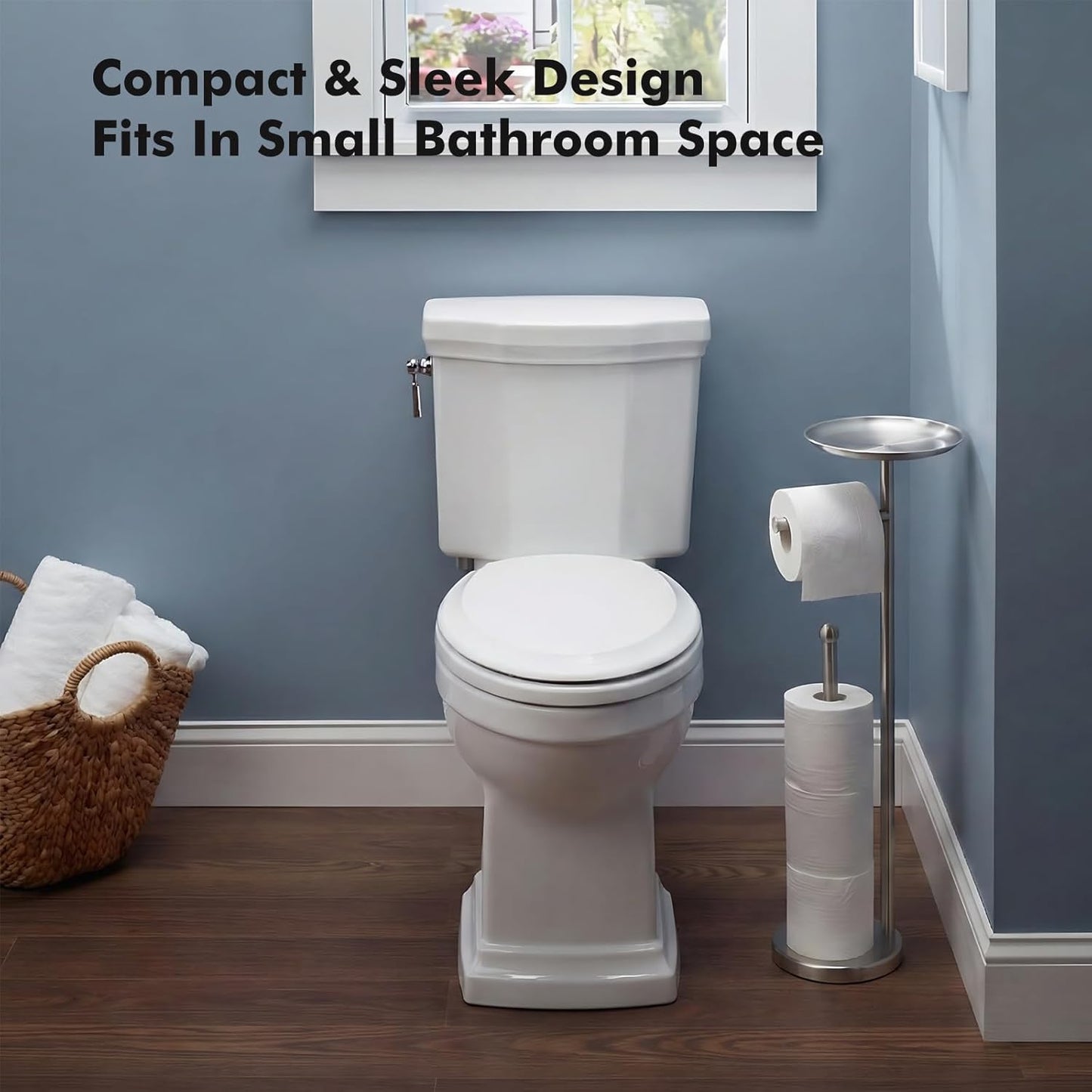 Skiennix Freestanding Toilet Paper Holder - Stylish Storage with Shelf for 4 Extra Rolls | Brushed Nickel