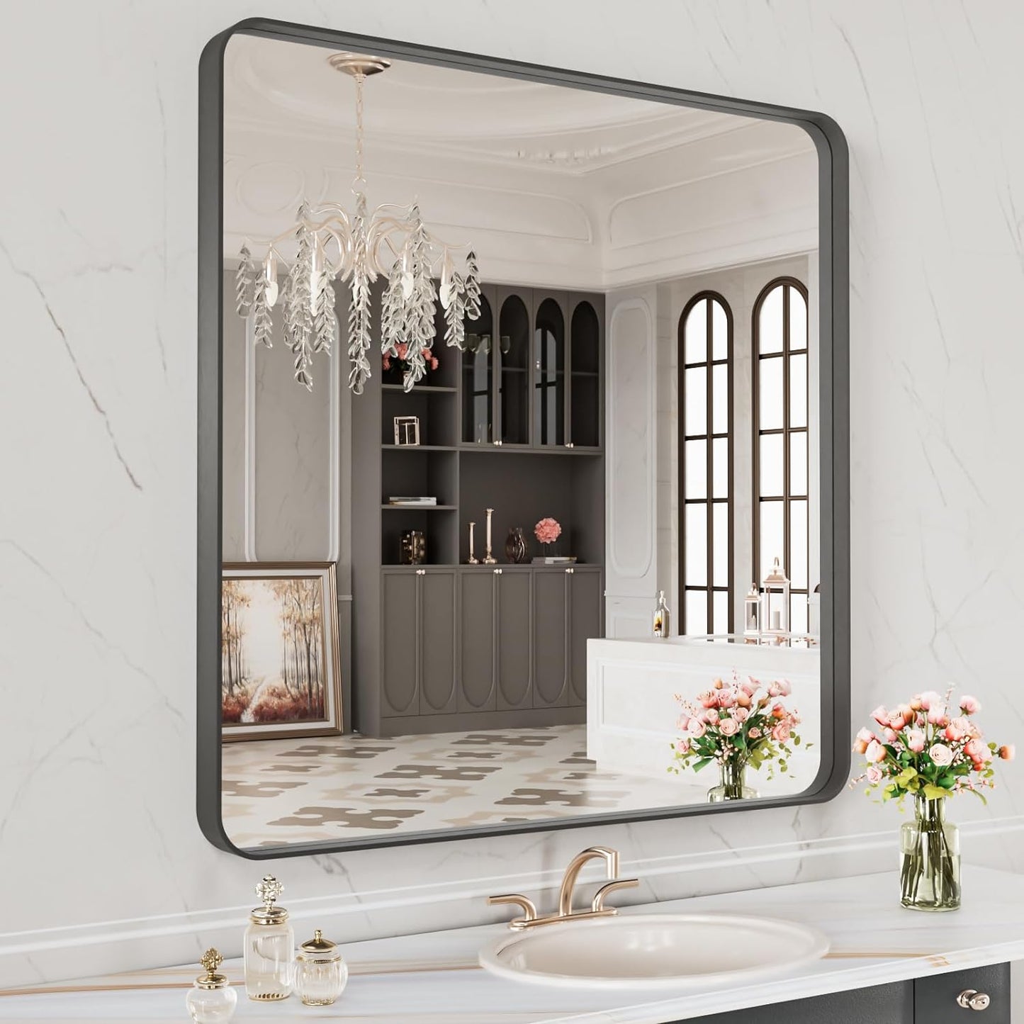 LOAAO Black Metal Framed Bathroom Mirror - 32x32 Inch, Anti-Rust, Versatile Horizontal/Vertical Design