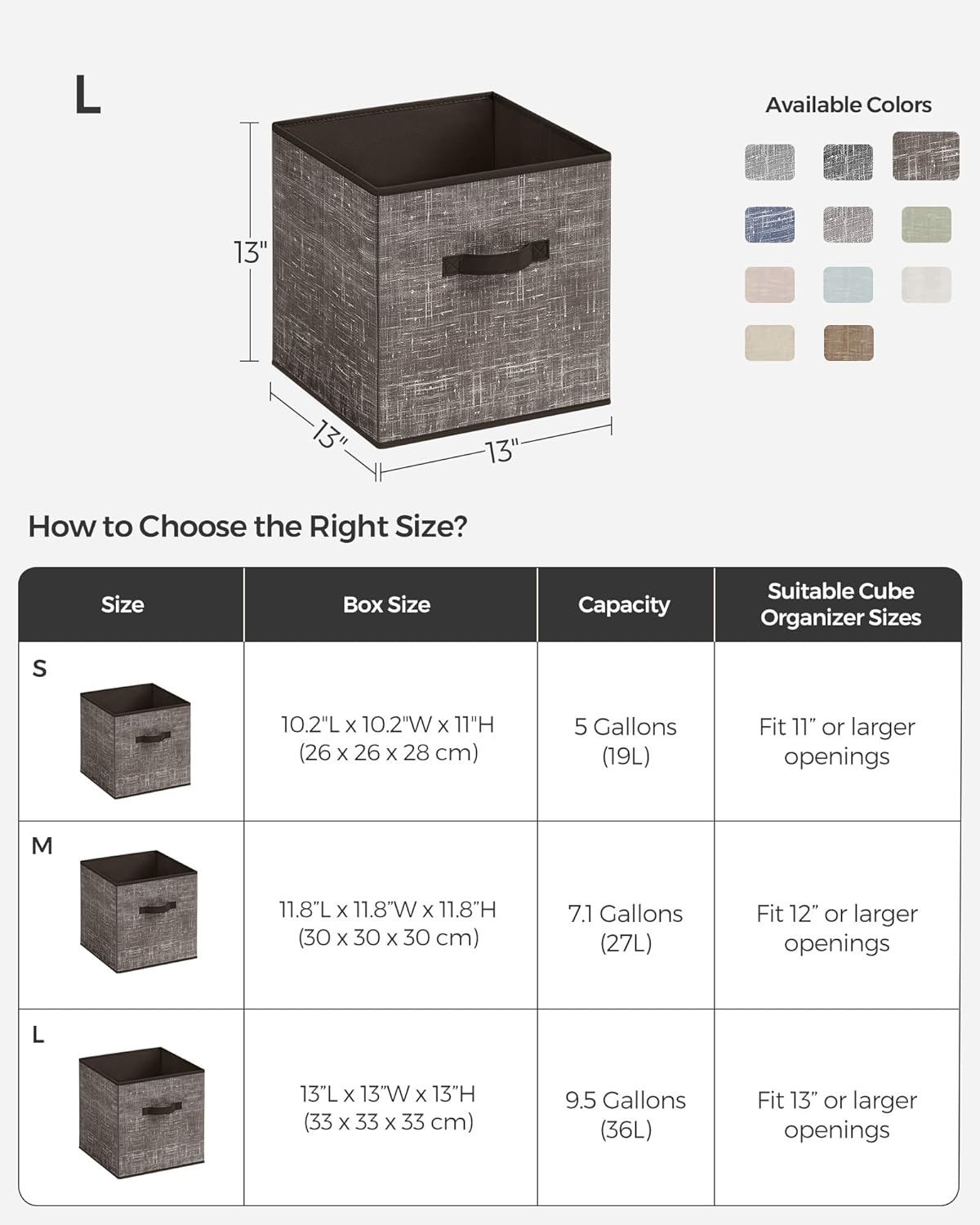 SONGMICS Storage Cubes - 13-Inch Non-Woven Fabric Bins, Foldable Closet Organizers, Set of 6, Walnut Color