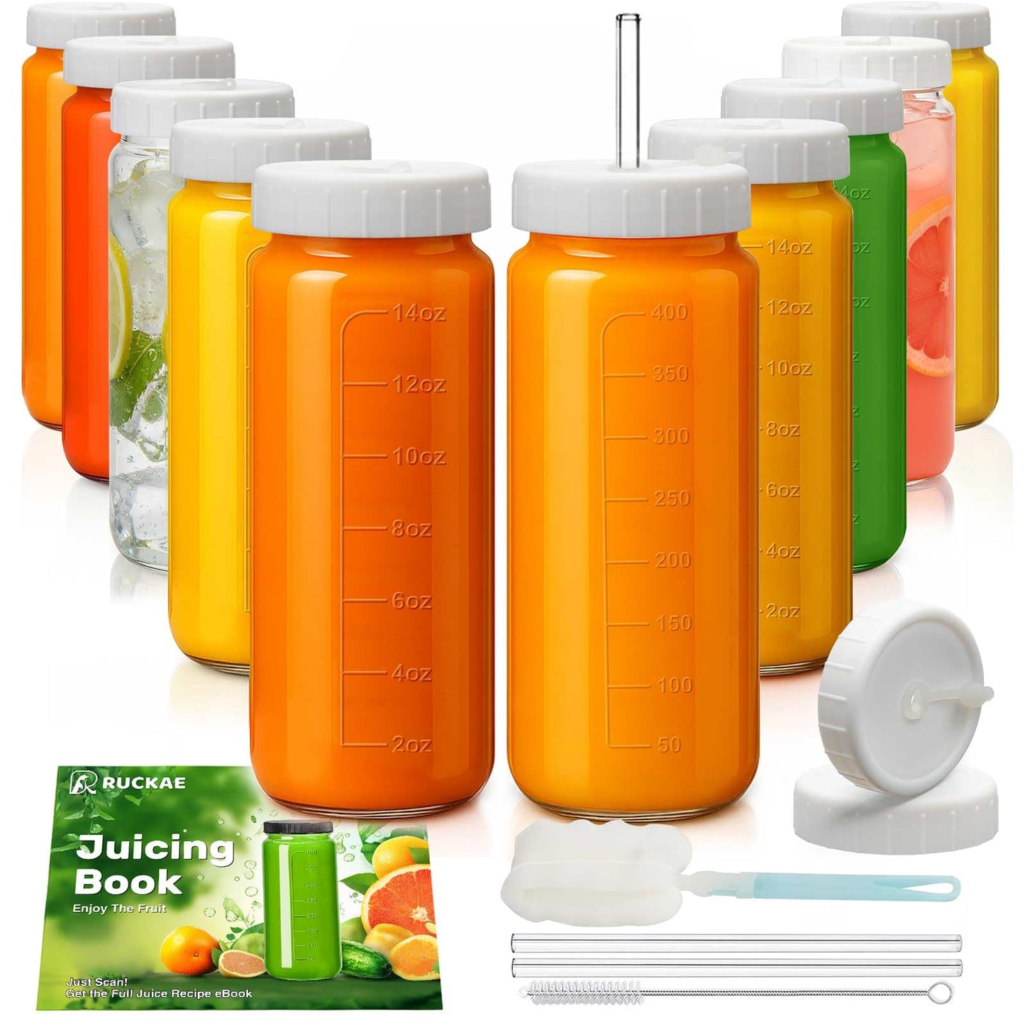Ruckae 16oz 10 Pack Glass Juice Bottles with Dual Scale, Reusable Glass Bottles with Hole Lids and Straws Mason Jar for Juicing, Smoothies, Kombucha - Water Bottle for Fridge or Gym (Transparent)