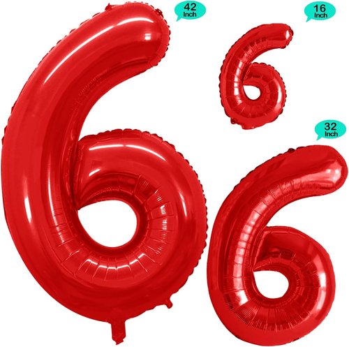 GOER Red Foil Number 6 Balloons - Huge 42" & 32" for 6th/66th Birthday Party Decorations (3 Pcs)