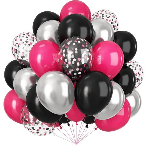 Black and Hot Pink Balloons, 60pcs 12Inch Black and Hot Pink Balloons,Metal Silver and Confetti Balloon for Girl Boy Birthday Party Baby Shower Wedding Gender Reveal Decorations