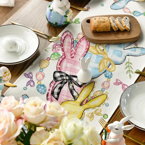 Artoid Mode Floral Bow Bunny Rabbits Eggs Easter Table Runner, Seasonal Spring Kitchen Dining Table Decoration for Home Party Decor 13x72 Inch