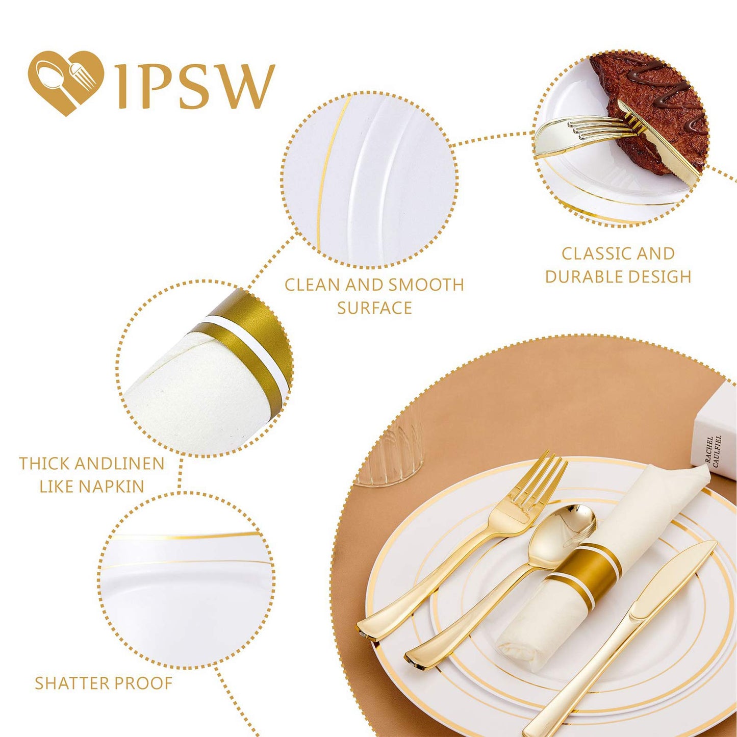 Gold Plastic Plates and Disposable Silverware w/Per-Rolled Napkins,Home Parties Heavy Duty Dinnerware incl Dinner Plates,Linen Like Napkin, Cutlery(72 pcs,12 Guests)