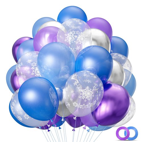 68Pcs Purple and Blue Party Balloons Kit 12 Inch Pearl Light Blue Metallic Purple Silver Snowflake Balloons with Ribbons for Winter Theme Birthday Wedding Girls Party Decorations.