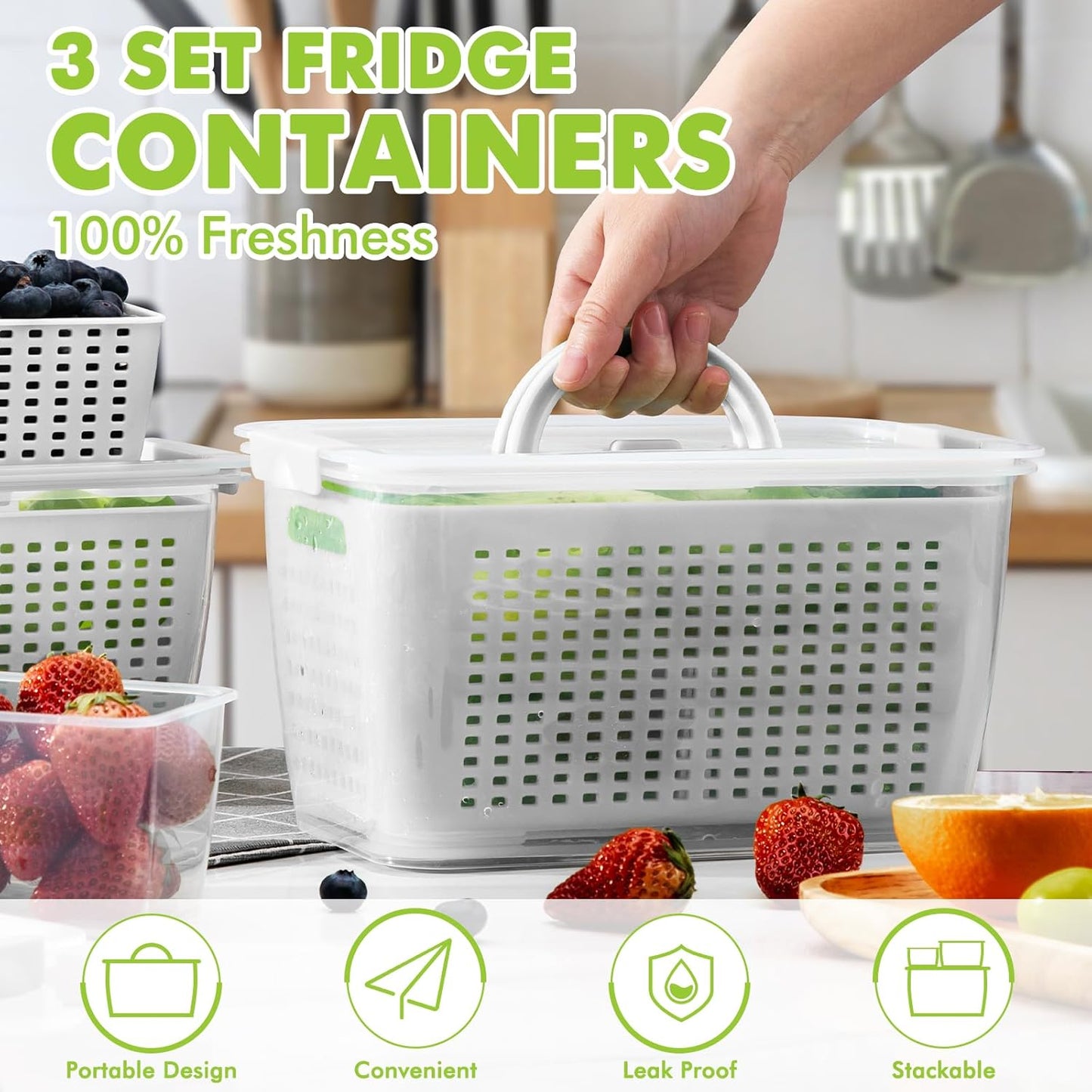 LUXEAR Produce Containers - 3 Set BPA-Free Fruit Savers with Removable Colander | Dishwasher & Microwave Safe