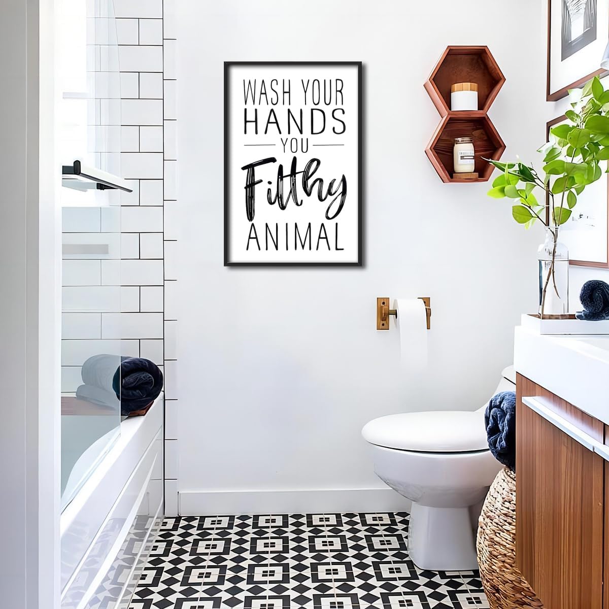 Skiennix Framed Black And White Bathroom Wall Art - Funny Wash Your Hands Poster | Modern Minimalist Decor