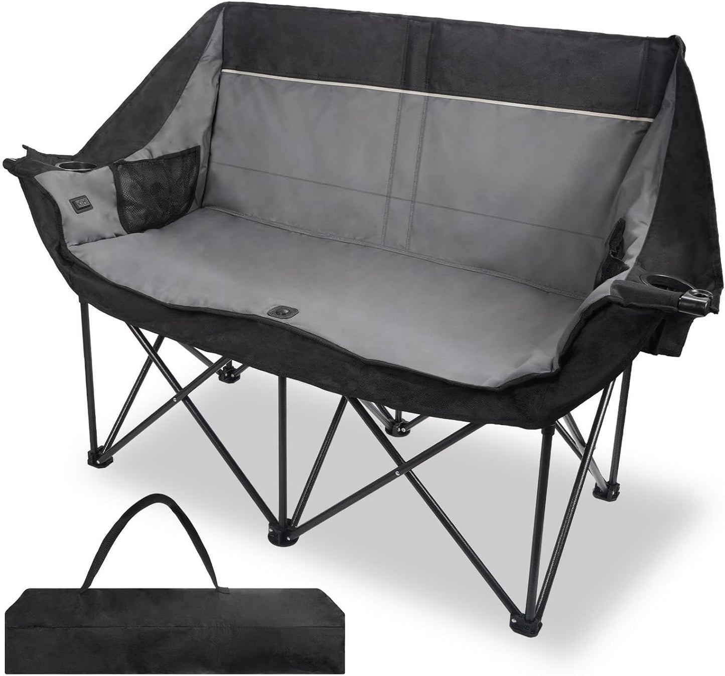 REDCAMP Heavy-Duty Padded Double Camping Chair - Supports 660lbs | Oversized Loveseat with Cup Holders & Carry Bag - Black/Grey