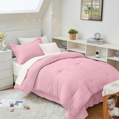 HYMOKEGE Twin XL Comforter Set - 5-Piece Seersucker Luxury Bedding in Pink/Ivory for All Seasons