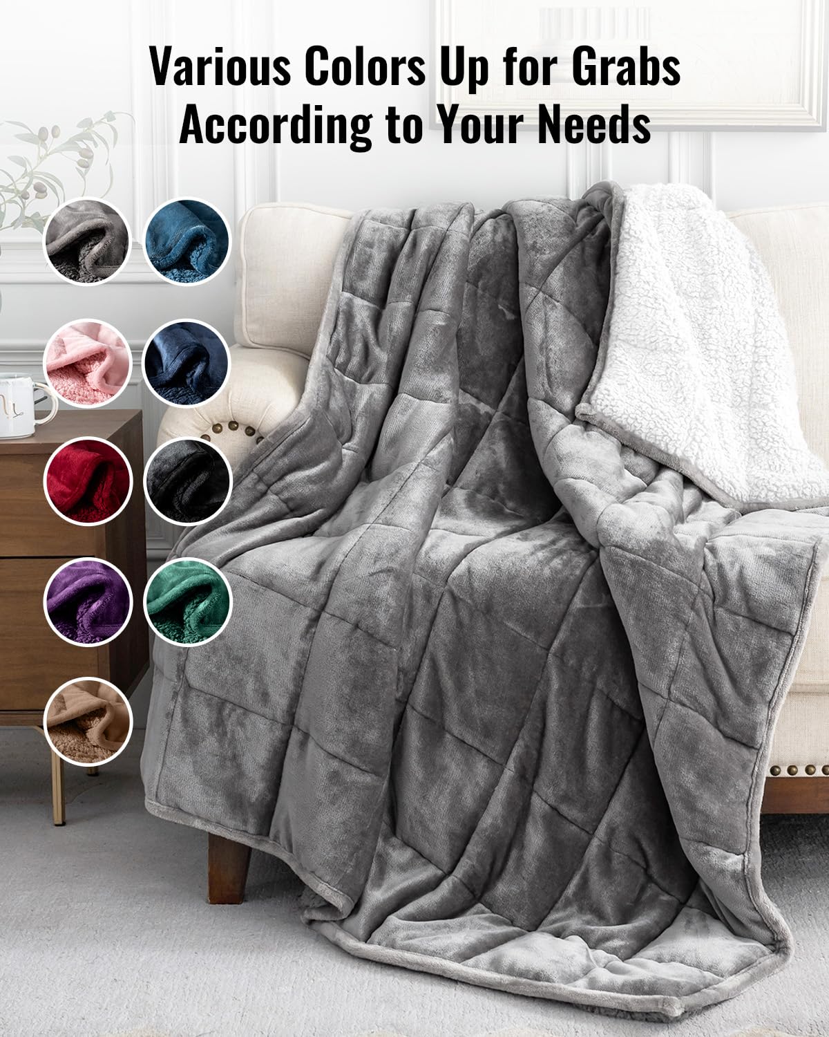 Weighted Blanket Queen Size 15lbs 60x80 inches, Uttermara Sherpa Weighted Blankets with Soft Plush Fleece, Cozy Warm White Sherpa Snuggle Thick Heavy Blanket Great for Sleep and Calming, Grey