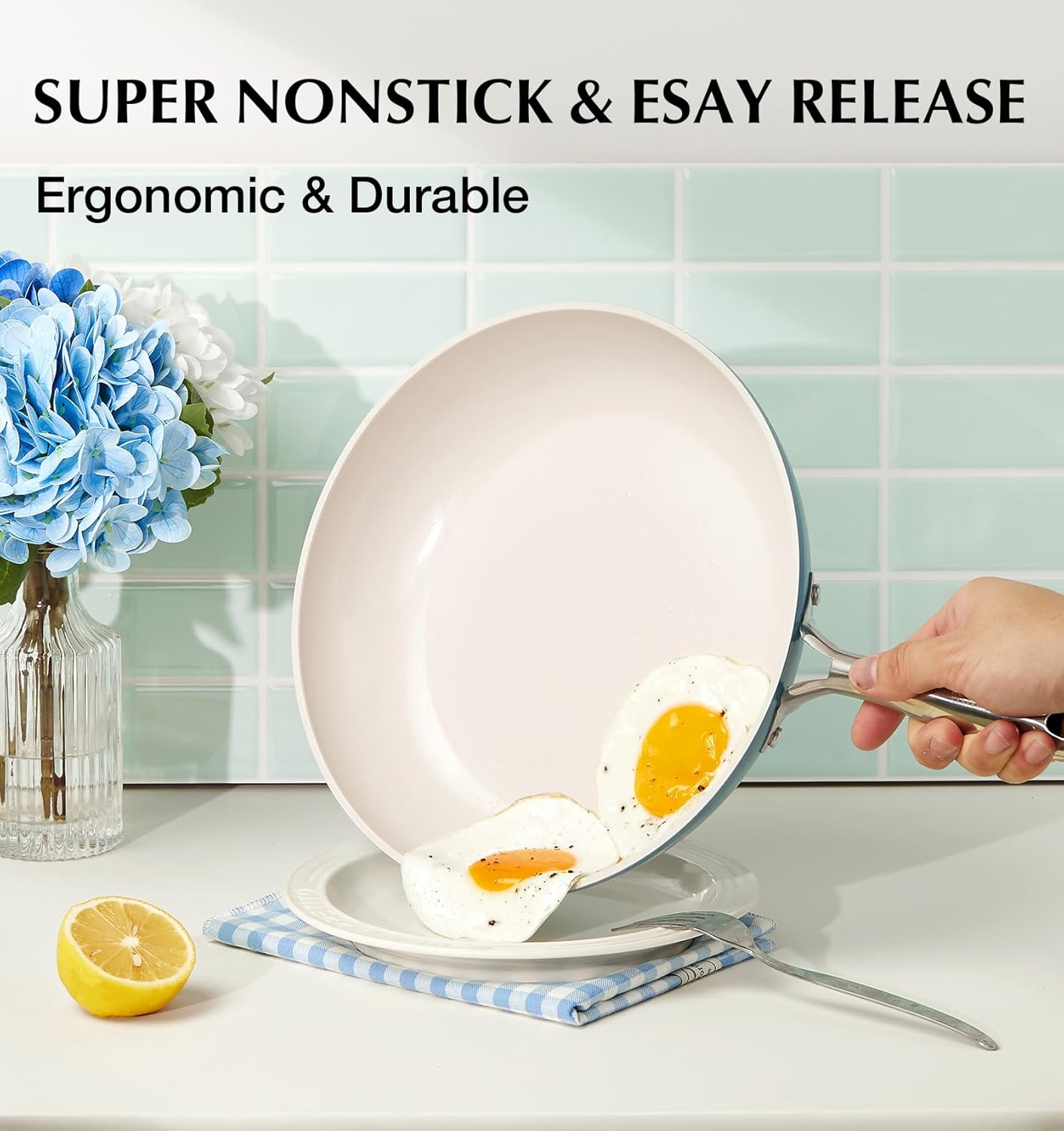 KOCH SYSTEME CS Nonstick Frying Pan - 8 Inch Omelet Skillet with Stay-Cool Handle | PFOA Free, Blue