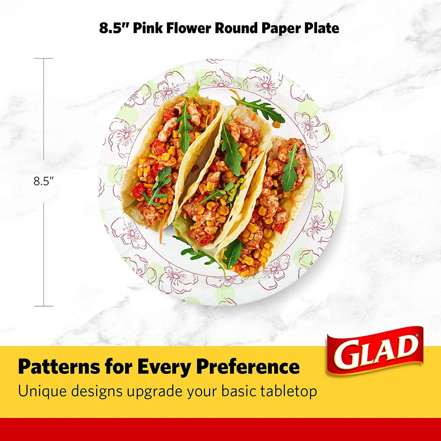 Glad Disposable Paper Plates, Pink Floral Pattern, 8.5 Inch Round, Soak Proof Coating, Microwave Safe, Cut Resistant, Sturdy for Dinner, Parties, and Everyday Meals, 50 Count - 12 Pack