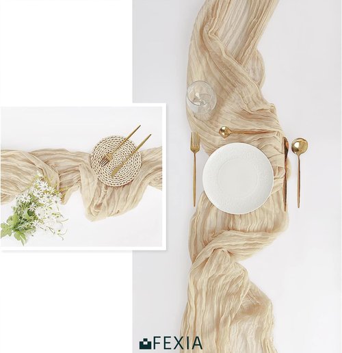 FEXIA Beige Cheesecloth Table Runner 35x120 Inches Ivory Gauze Rustic Boho Spring Easter Table Runner for Engagement Party Decorations Bridal Shower Wedding Party First Communion Centerpiece