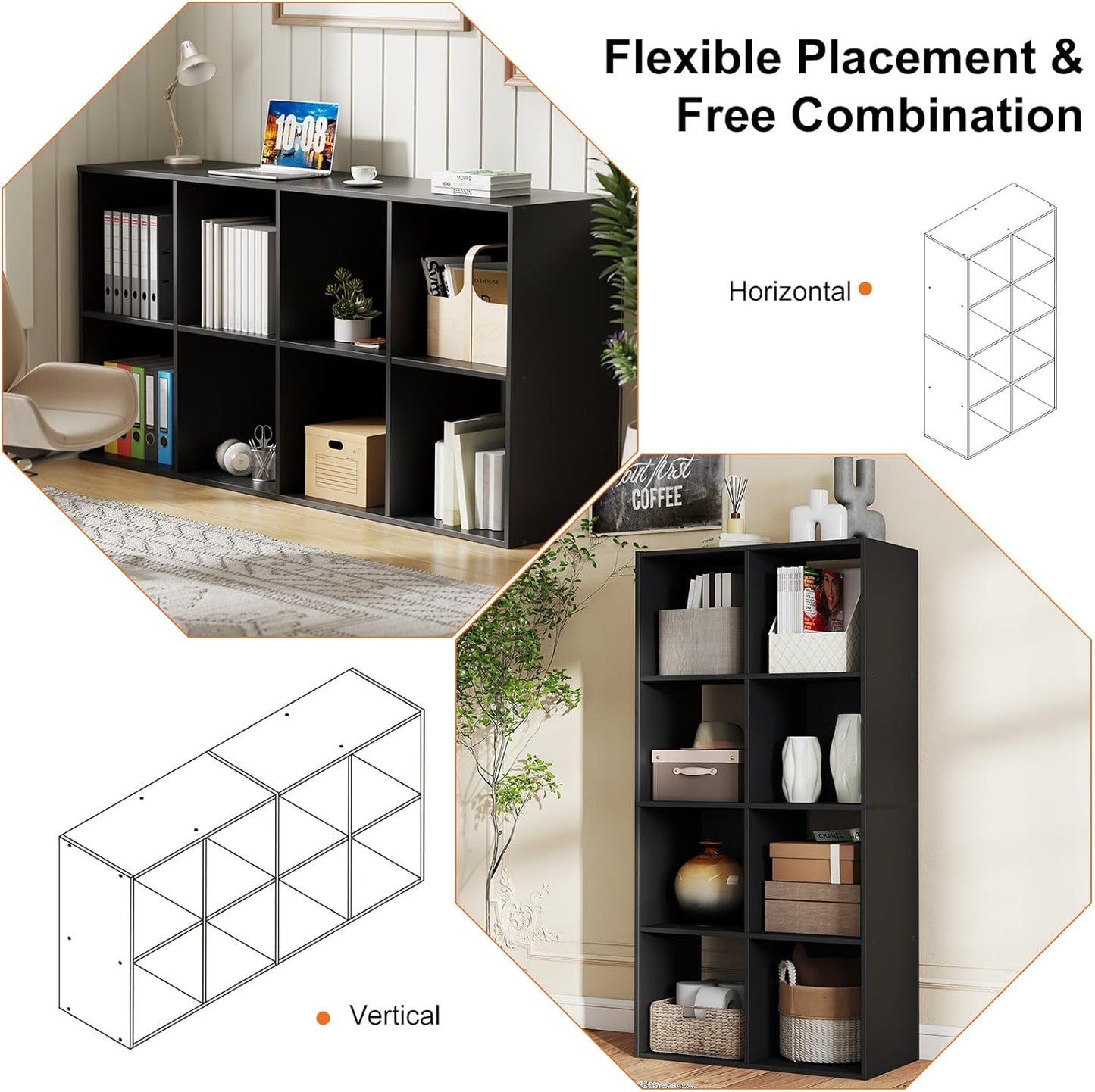 Sweetcrispy 8 Cube Storage Organizer - Versatile Open Cube Bookshelf with Removable Back Panels | 47.7" L x 11.6" W x 24" H, Black