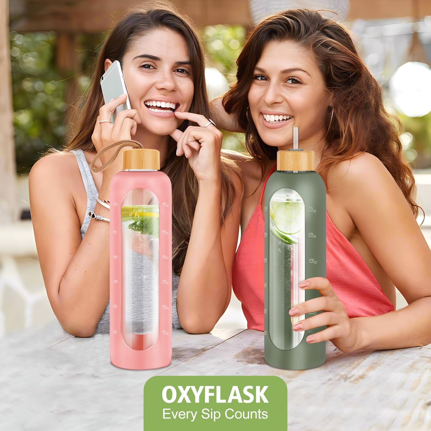 OxyFlask Glass Water Bottles 32 oz - Motivational Drinking Glass Water Bottle with Silicone Sleeve, Straw & 2 Bamboo Lids - 1 Liter Clear Borosilicate Daily Intake Tumbler with Time Marker - Olive
