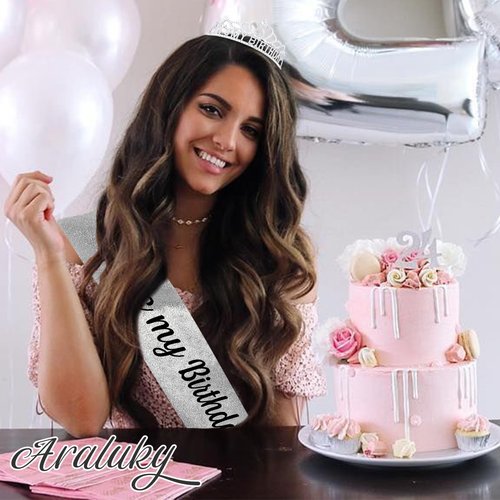 Araluky Silver-Black Crown and Sash for Women, Birthday Tiara Headband, Happy Birthday Hat, Party Favors Gift
