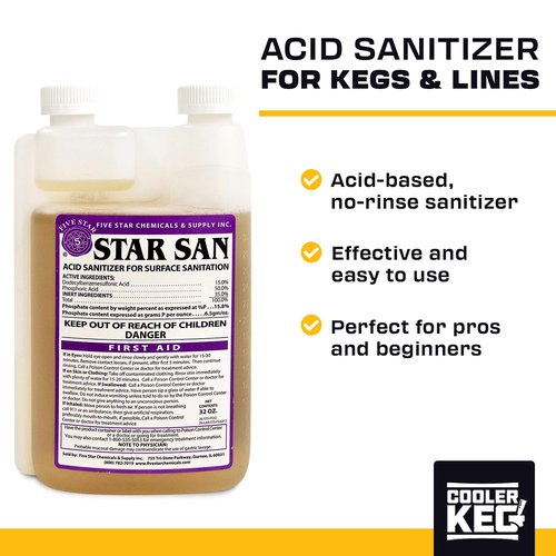 Cooler Keg Star San Cleaner 32oz - No Rinse Food Grade Brewing Sanitizer Rinseless Cleaning Agent for Home Brew, Kegs, Stainless Steel. Acid-based, foaming sanitizer for Beer, Wine, & Mead Equipment