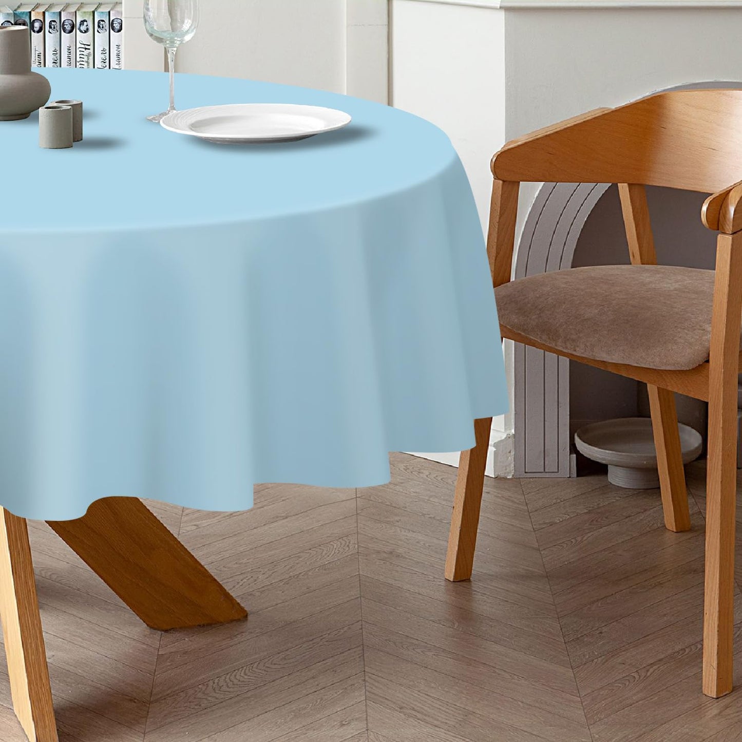 QIKSION Light Blue Round Tablecloth 2 Pack, 84 Inch Plastic Table Cover Disposable for Parties