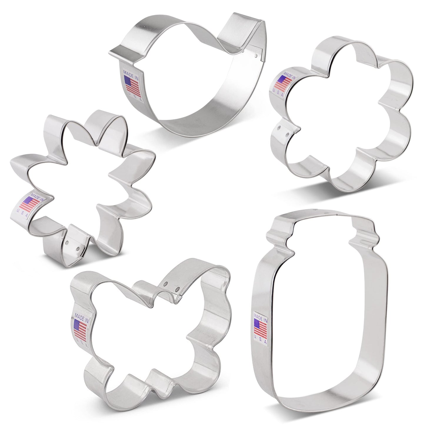 Ann Clark 5-Pc Mother's Day Flower Garden Cookie Cutter Set Made in USA, Butterfly, Bird, Flower, Daisy, Mason Jar