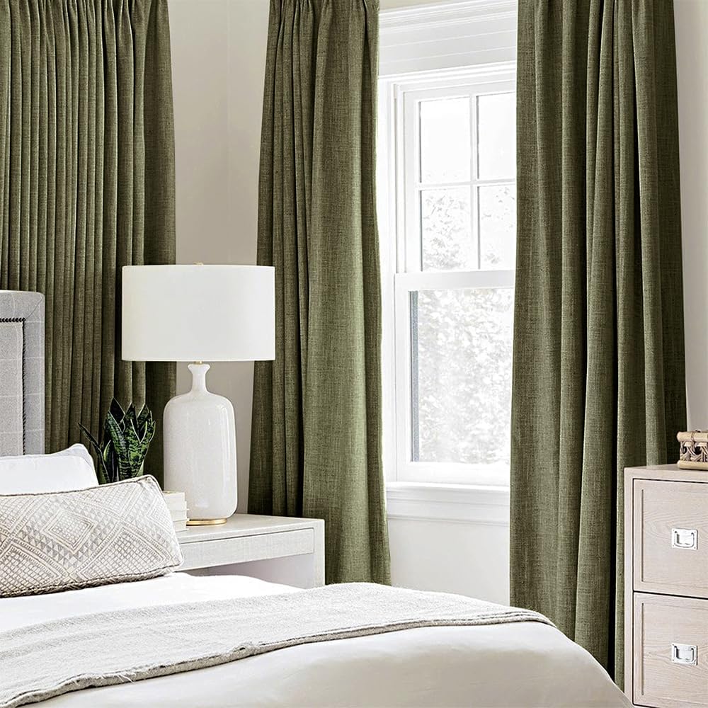 MIULEE Blackout Curtains - 100% Thermal Insulated Linen Texture Drapes | Light Olive Green, 52x45 Inch (2 Panels)