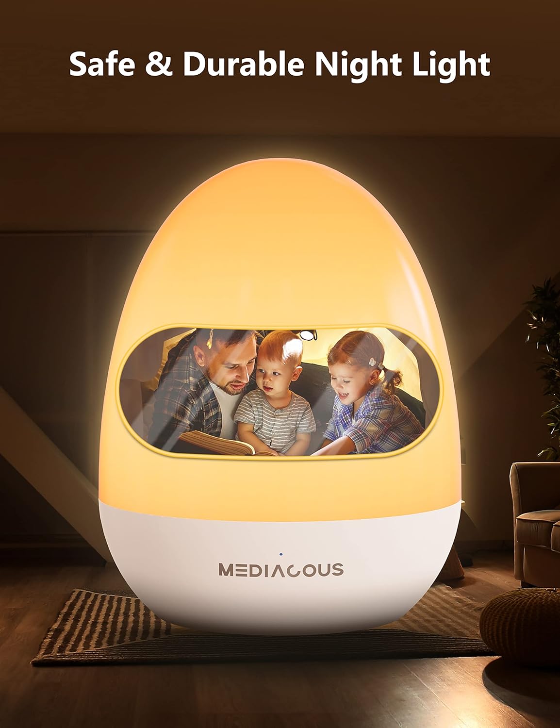 MediAcous Night Light - Dimmable Egg Light for Kids' Room | Touch Control & 1H Timer, 200H Battery Life
