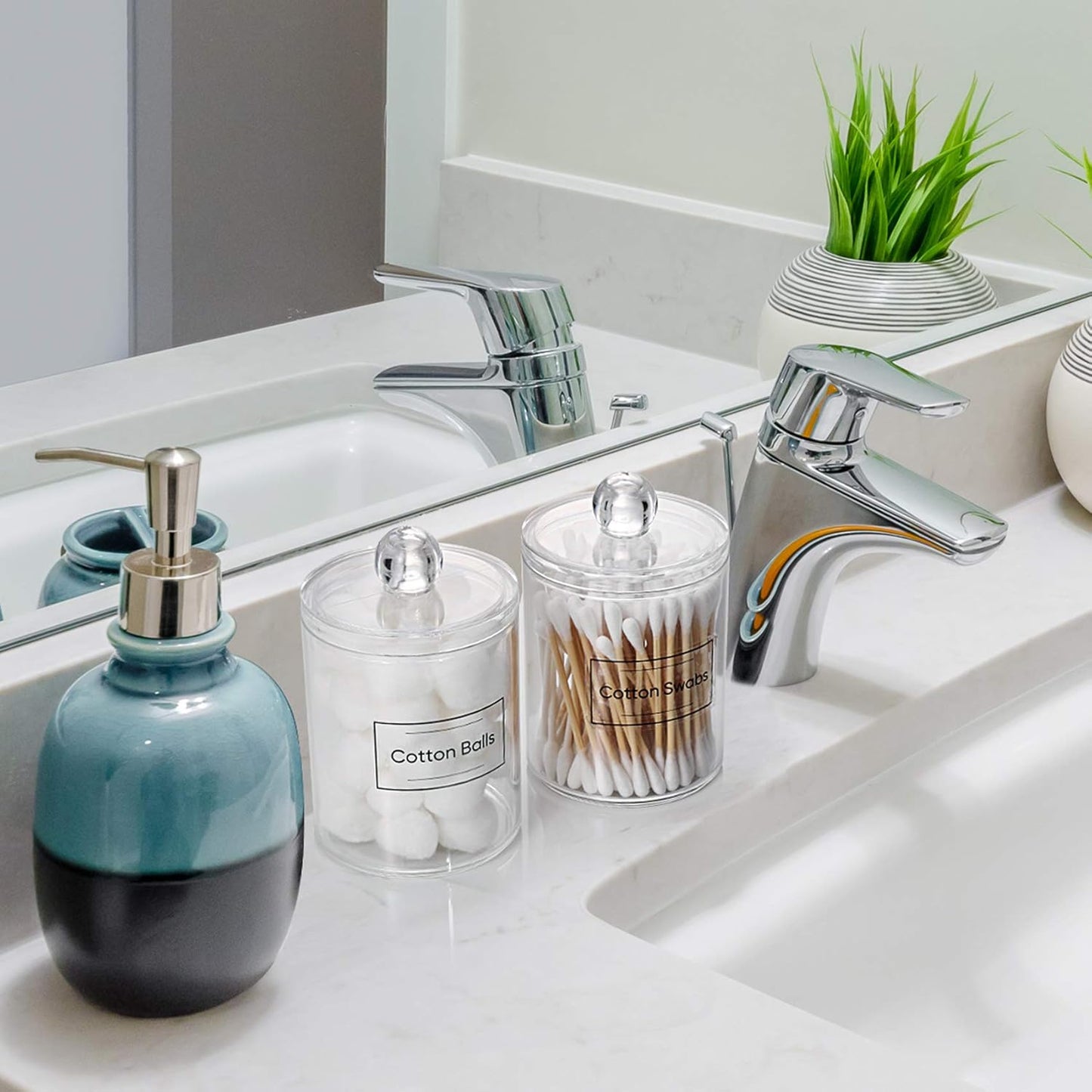 Skiennix Acrylic Qtip Holder Dispenser - Clear Plastic Canister Set for Cotton Swabs & Makeup Storage
