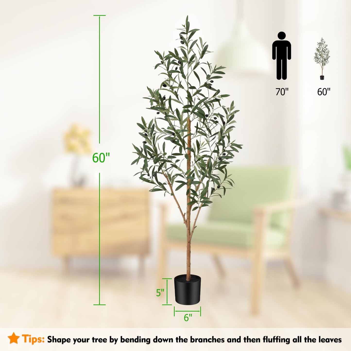 Keeplush 5ft Artificial Olive Tree, Fake Olive Tree with 420 Lifelike Olive Leaves and 30 Fruits, Faux Olive Silk Plants with Natural Wood Trunk in Pot for Living Room Bedroom Office Decor 2packs