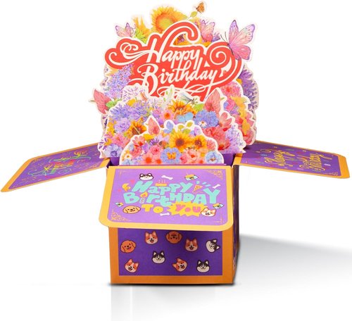 **3D Birthday Cards - Thickened Square Gift Box with Blank Card & Envelope | 100% Biodegradable, Vibrant Colors**