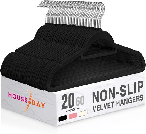 HOUSE DAY Velvet Hangers - 20 Pack Non-Slip Slim Felt Hangers with Tie Bar & 360° Swivel Hook | Elegant Black