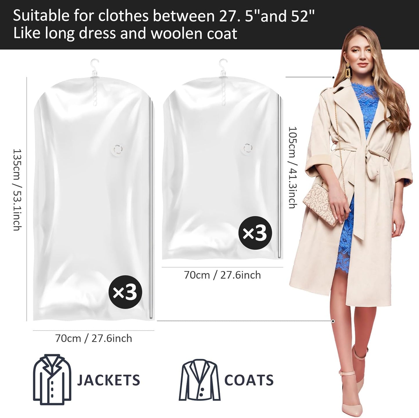 Skiennix Hanging Vacuum Storage Bags - 6 Pack Large Space Saver for Clothes, Suits & Jackets