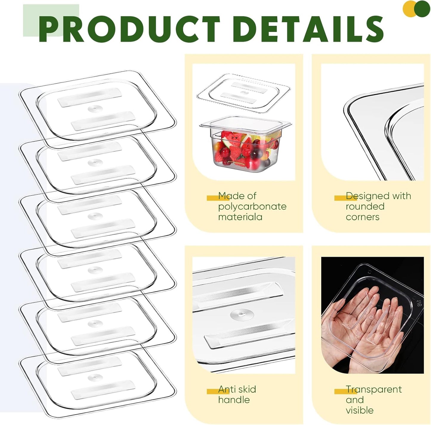 Skiennix Polycarbonate Food Pan Lids - Durable Clear Covers with Handle | 1/6 Size 6.9 x 6.3 Inch