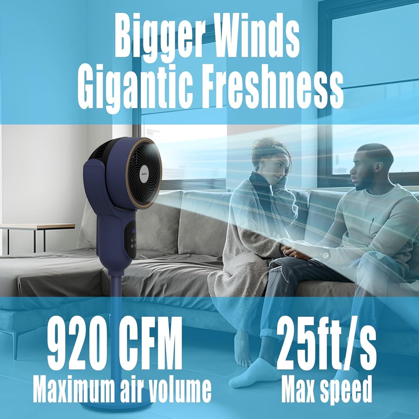 Skiennix Oscillating Tower Fan - 90° Auto Cooling Pedestal Fan for Home & Office | Blue Finish