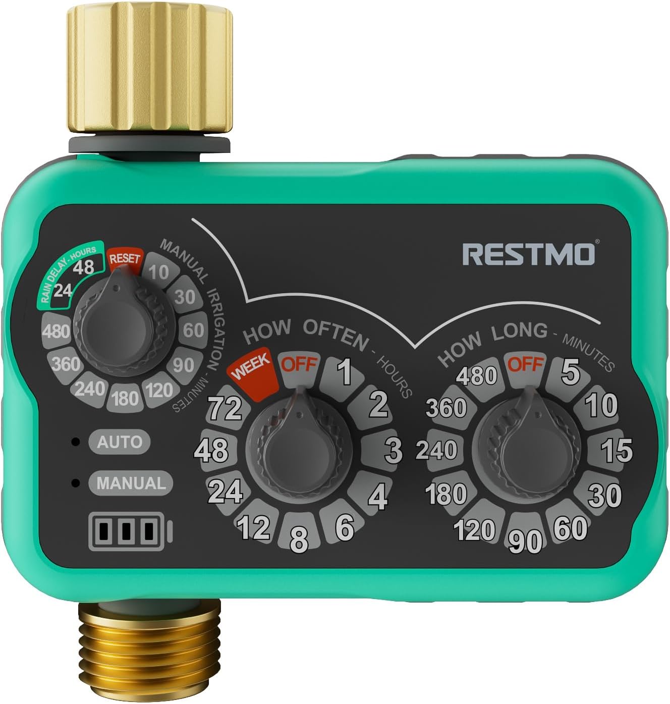 RESTMO 3-Dial Analog Sprinkler Timer - Brass Inlet & Outlet | Easy Setup for Automatic Drip Irrigation