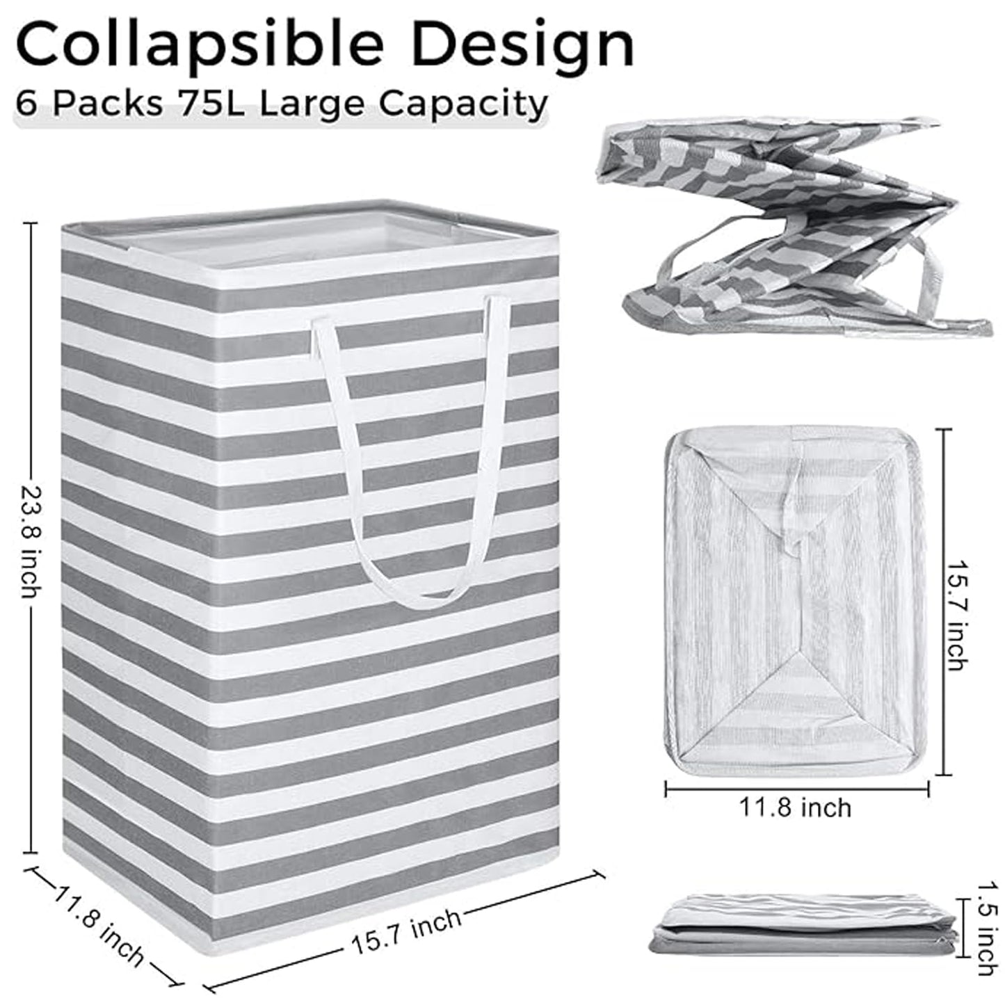 StarHelper Laundry Hamper Large Collapsible Laundry Basket, Freestanding Waterproof Clothes Hamper Storage with Easy Carry Handles for Clothes in Bedroom Bathroom College Dorm for Adults, Gray, 75L