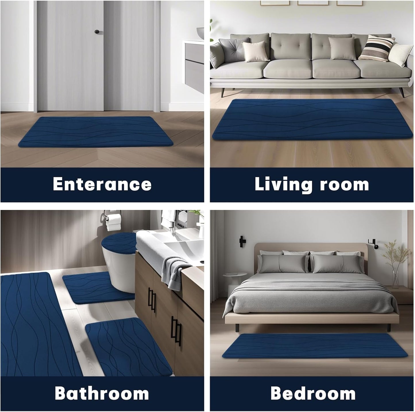 YIHOUSE Memory Foam Bathroom Rug Set - Ultra Absorbent Non-Slip Mats | 3-Piece Navy Blue Collection