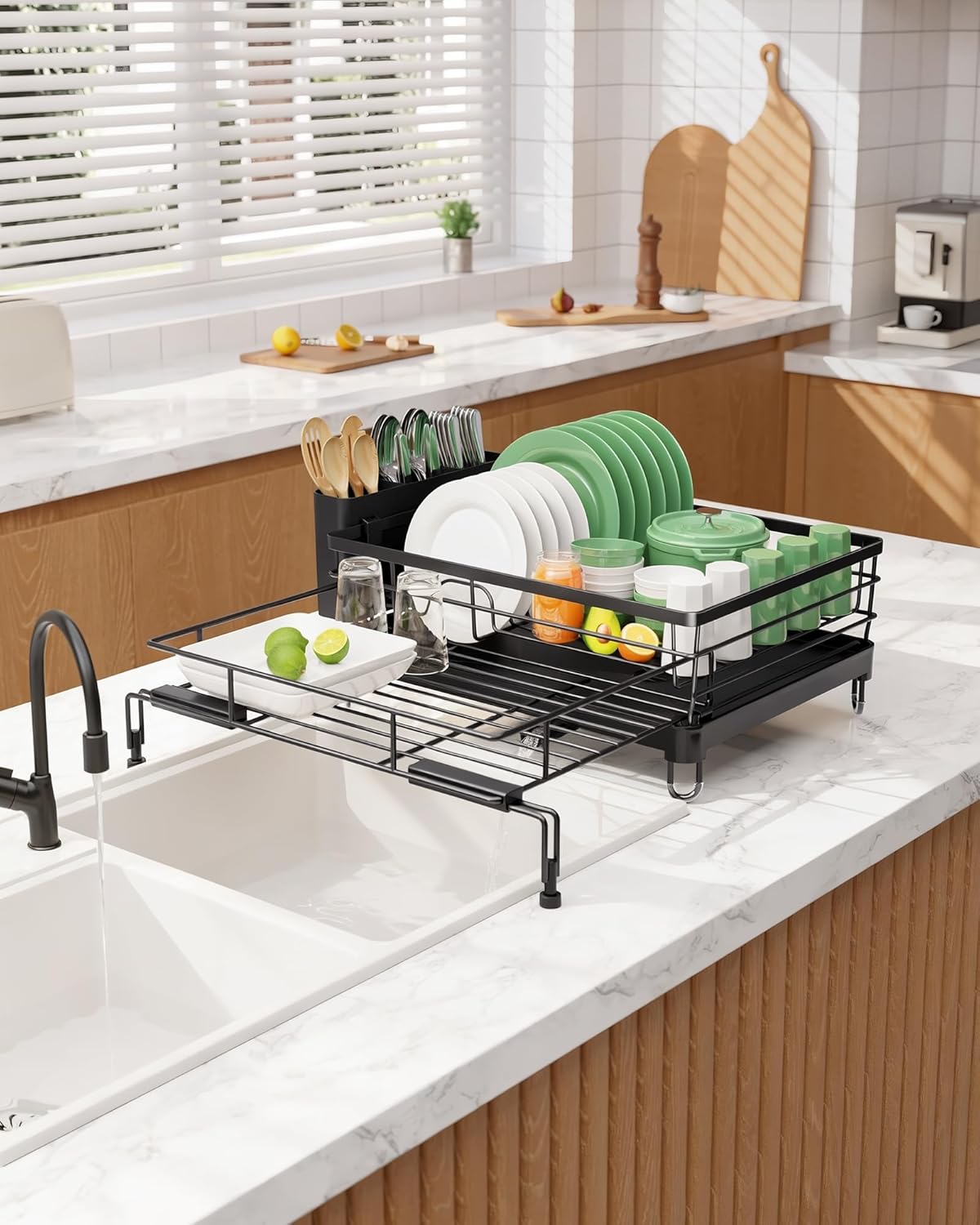 Kitsure Extendable Dish Drying Rack - Rust-Resistant Kitchen Rack with Adjustable Legs & Cutlery Holder | Black, 15.6''-25.2''L × 16.9''W × 8.1''H