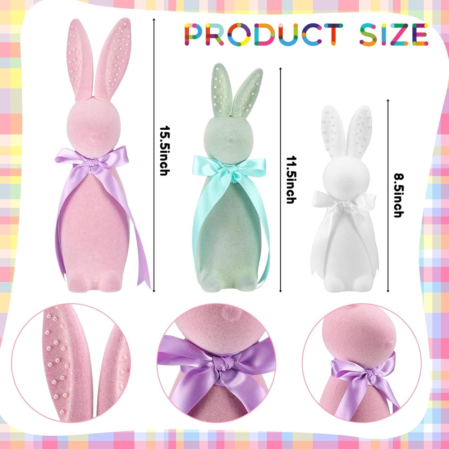 Wesiti Flocked Bunny Easter Decorations - 3 Pack Pastel Bow Table Centerpieces (8", 10", 12")