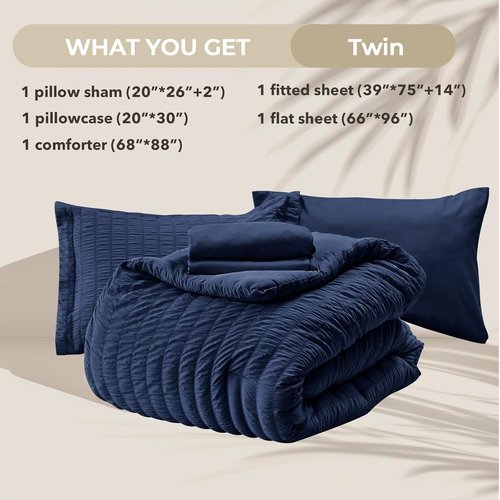 HYMOKEGE Twin Comforter Set - Navy Blue Seersucker 5-Piece Luxury Bedding Set | All-Season Comfort