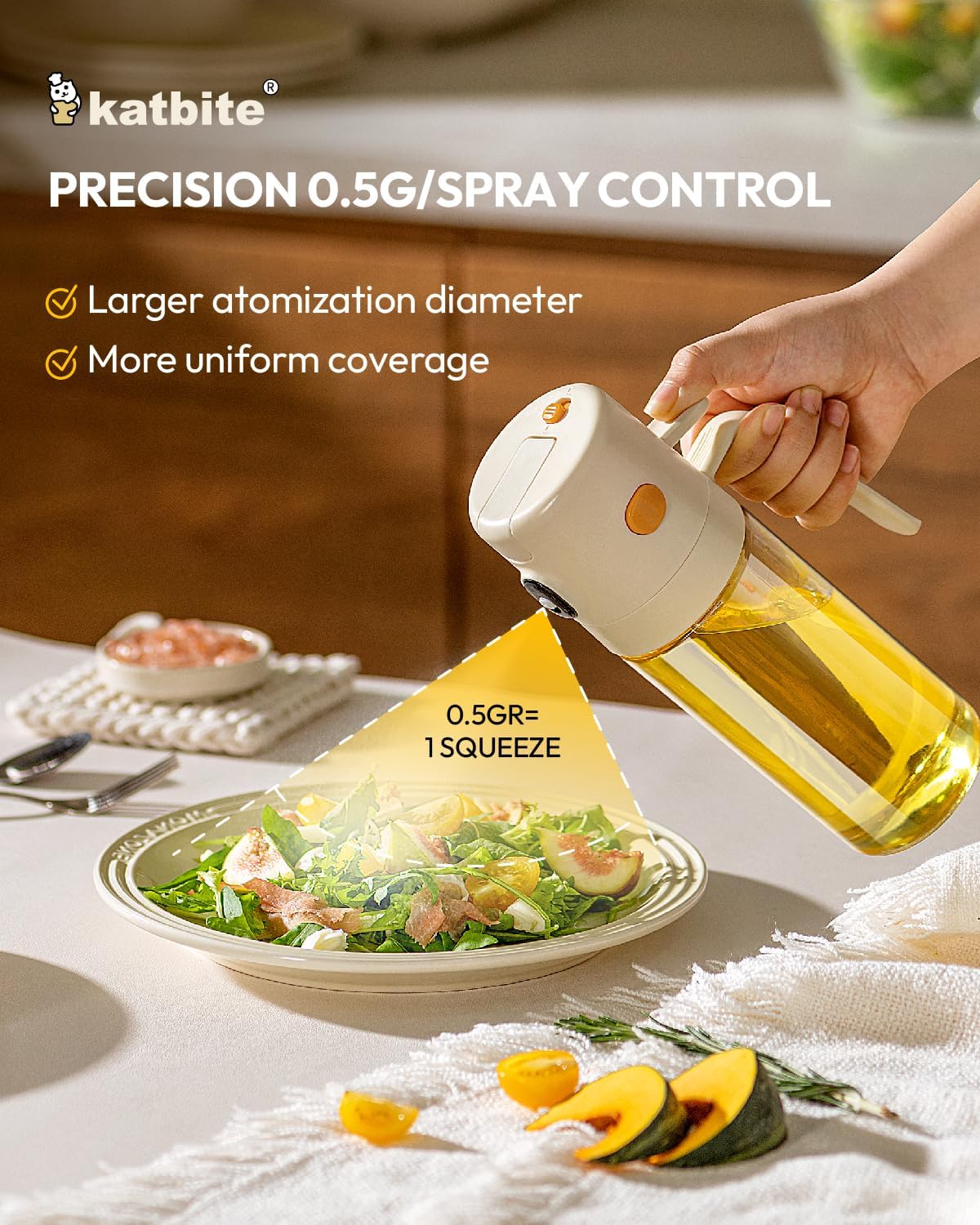 Katbite Olive Oil Dispenser Bottle - 2-in-1 Glass Oil Bottle & Sprayer | Non-Drip Leak-Proof Design, 18.6 oz, Cream White